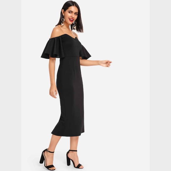 Off Shoulder Ruffle Detail Pencil Black Midi Dress - Picture 4 of 6